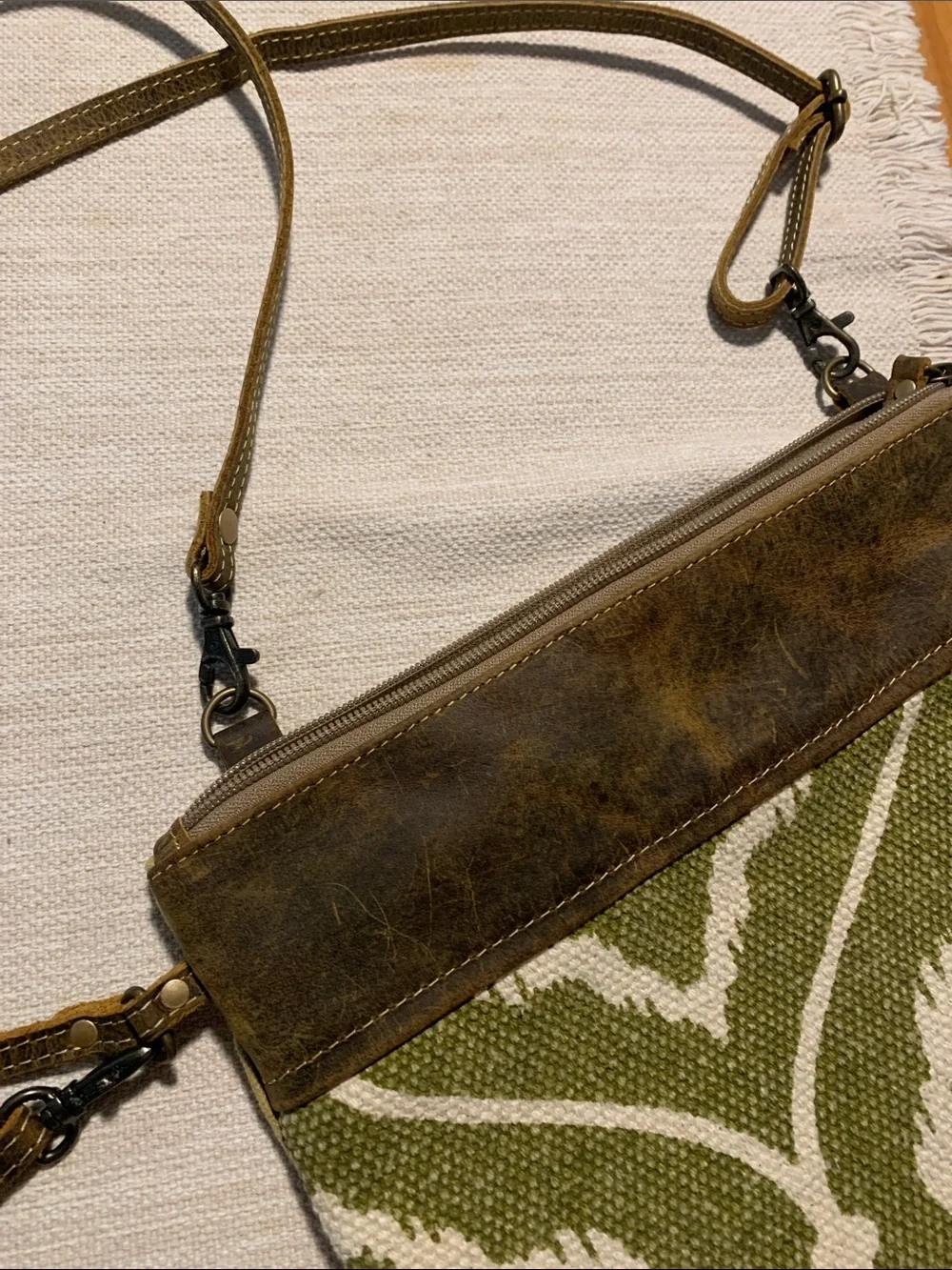 Myra Bag Crossbody purse Olive Green Design w/Brown Leather